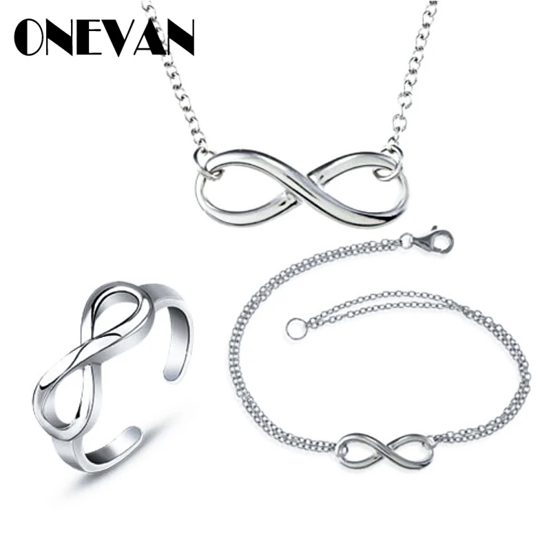 New Fashion Women Silver Infinity Ring +Bracelet+Necklace Set Endless Love Symbol Jewelry Set Charms Banquet Party Accessories