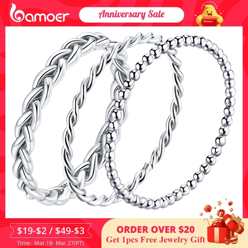 BAMOER 925 Sterling Silver Braided Texture Twisted Eternity Band Stackable Rings Fine Jewelry