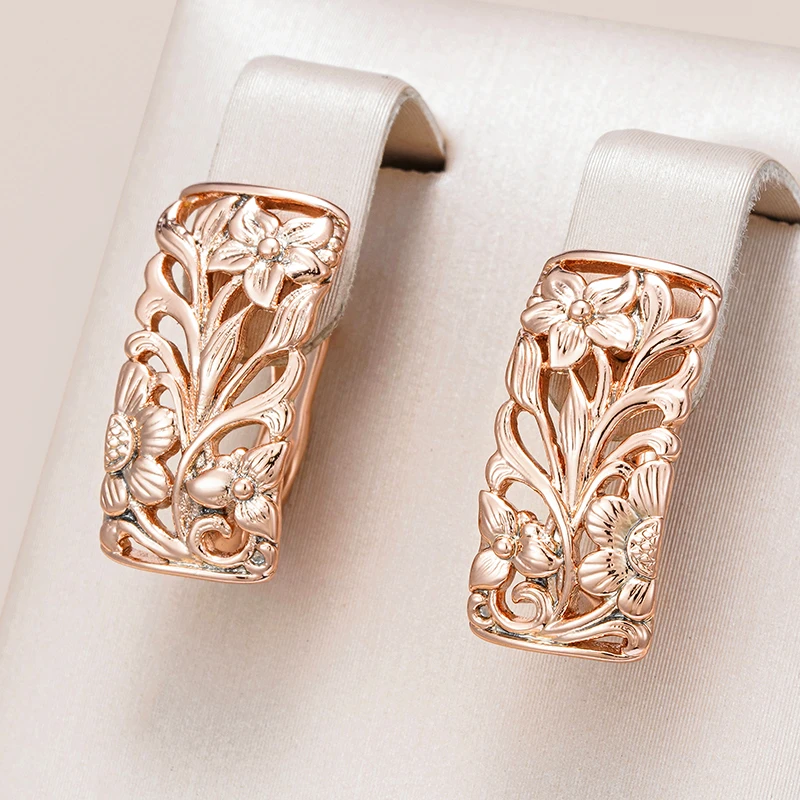 Kinel Vintage Rose Gold Hollow Flower Earrings 585 Gold Boho Ethnic Wedding Cilp Earrings for Women Elegant Fashion Jewelry Gift