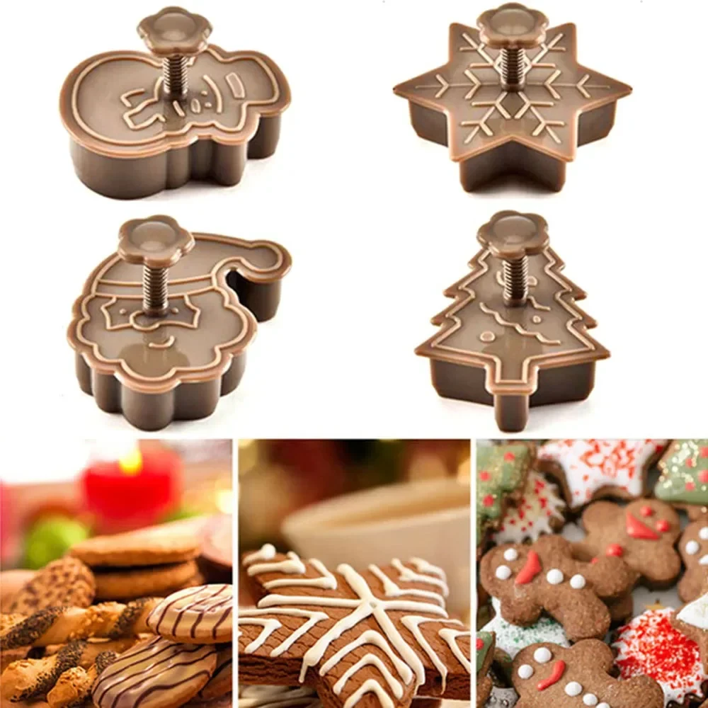 4Pcs DIY Christmas Tree Snowman Plastic Baking Mold Kitchen Biscuit Cookie Cutter Pastry Plunger Fondant Cake Decorating Tools