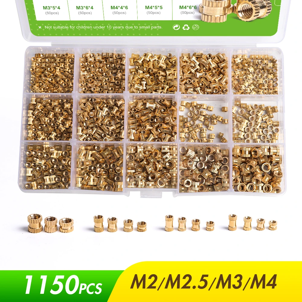 DA ONE 660/1150 Pcs Threaded Insert Embedment Nuts Set M2 M2.5 M3 M4 Female Thread Brass Knurled Nut Assortment Kit