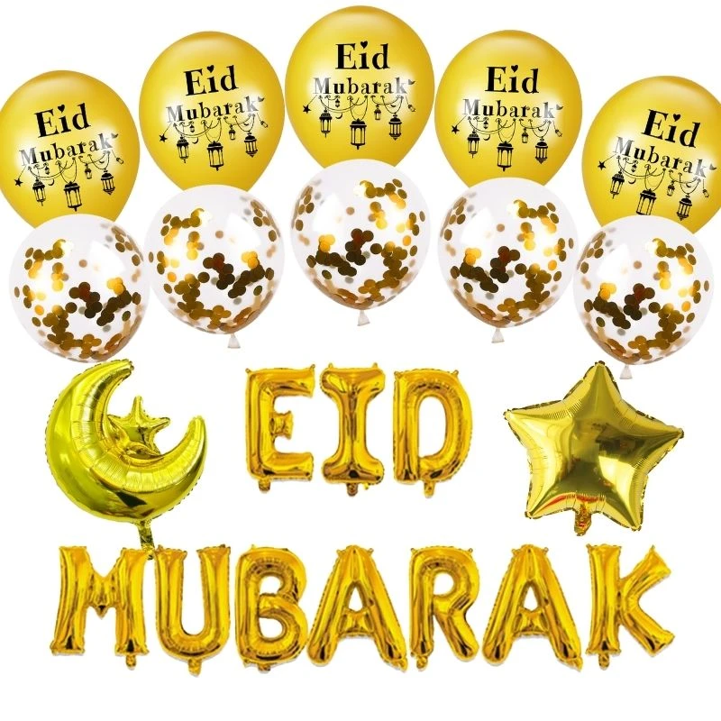 Eid Mubarak Gold Balloons Paper Banner Ramadan Decoration Mubarak Balloon Wooden Moon Craft LED Light Ramadan Decor for Home