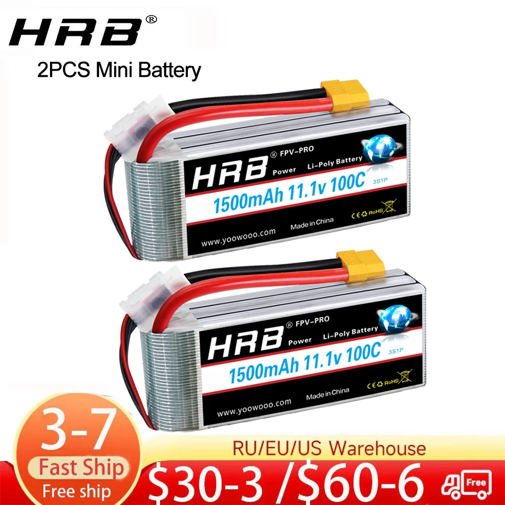 2packs HRB 3S 4S Lipo Battery 11.1v 14.8v 1300mah 1500mah 1800mah 2200mah 3000mah XT60 T plug For Losi Car truck Fpv drone Boat