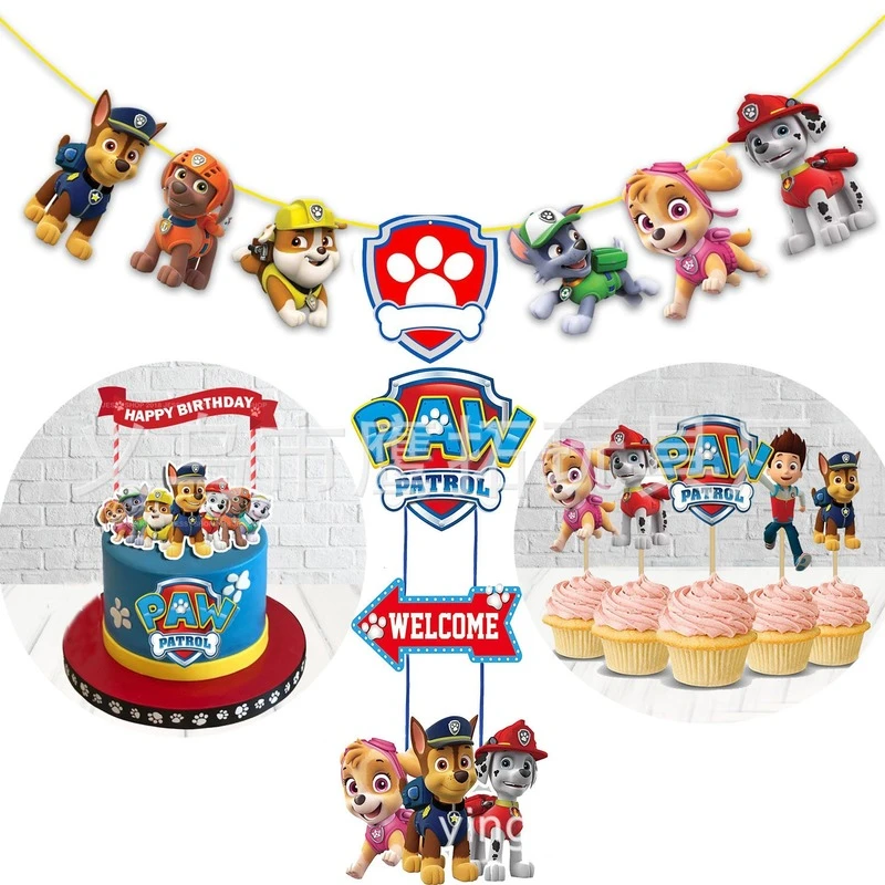 Paw Patrol Barking Team Pull Flags and Flowers Banner Cake Insert Card Cartoon Dog Patrol Theme Birthday Party Flag Door Hanging