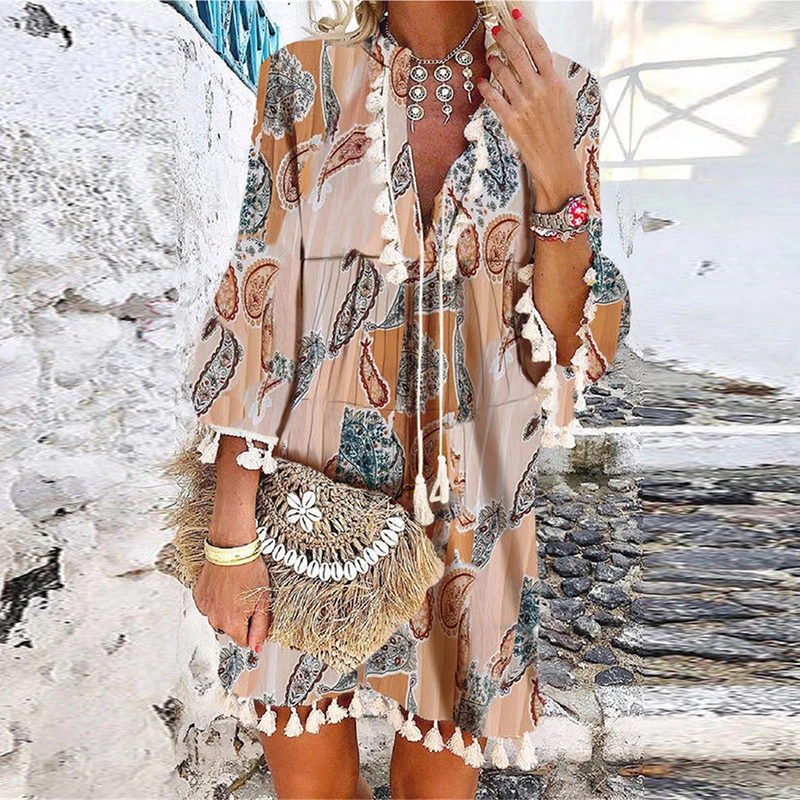 2021 Spring Vintage V Neck Tassel Party Dress Women Elegant Floral Print 3/4 Sleeve Mini Dress Ladies Summer Casual Beach Dress