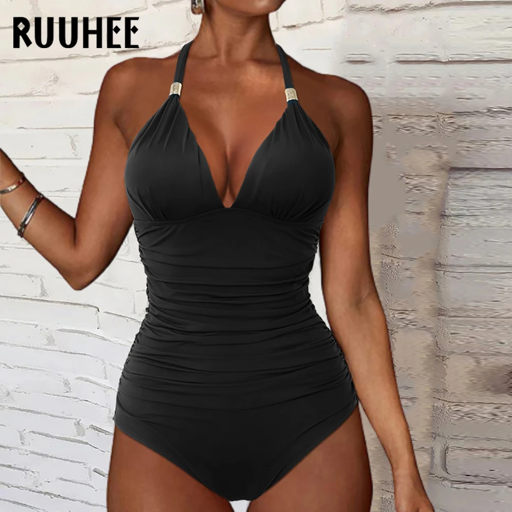 RUUHEE Push up Swimwear One Piece Swimsuit Women Black Bathing Suit Halter Top Swimming Suit Summer Beach Wear Monokini 2021