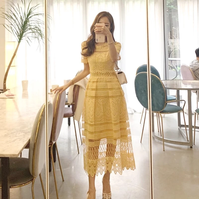 Summer Korean Yellow Dress Women Short Sleeve Hollow Out Hook flower Solid Lace Dress Women Elegant Long Dress