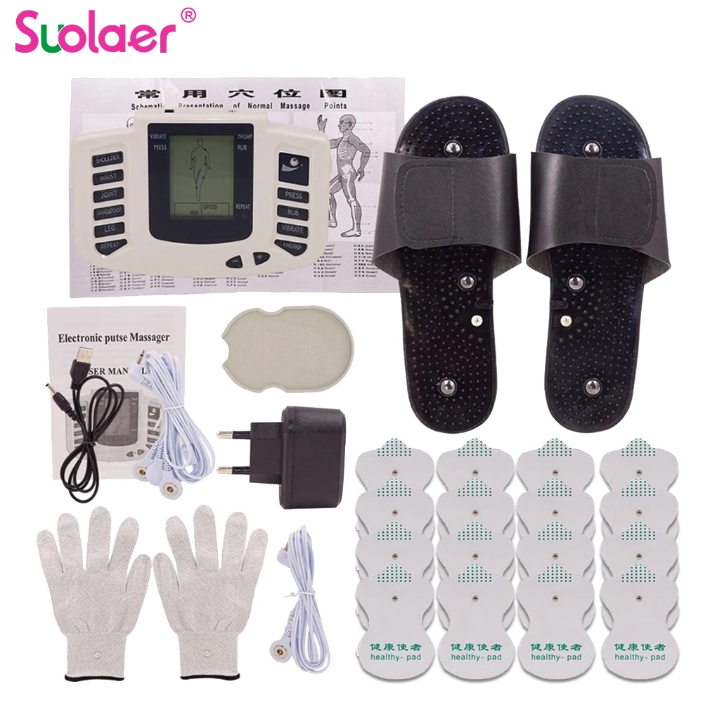 Russian/English Button Electrical Muscle Stimulator Slimming Massager Pulse Tens Acupuncture Machine + Slippers +16Pads + Gloves