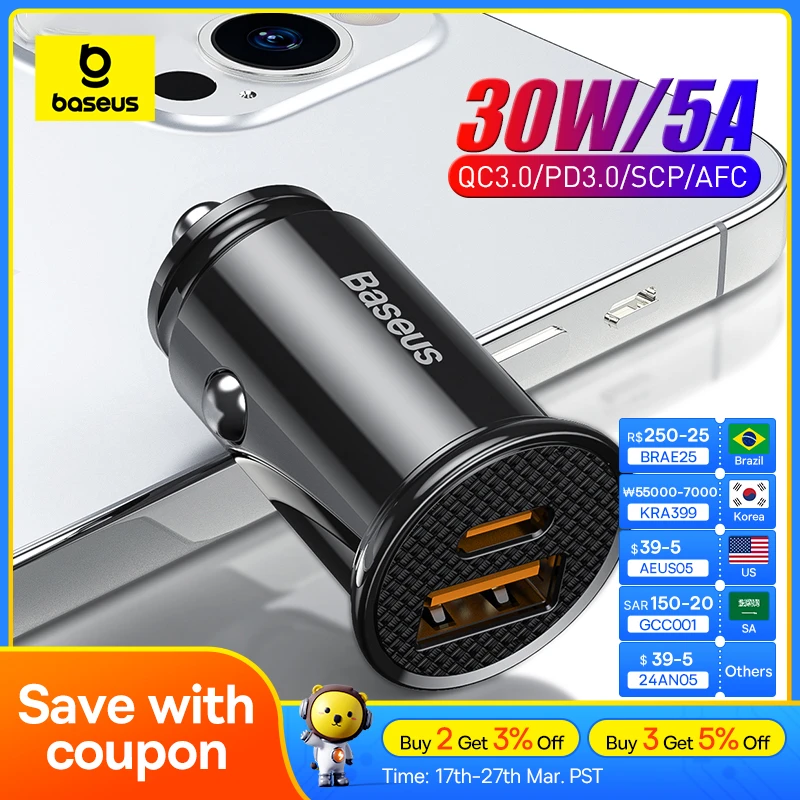 Baseus 30W USB Car Charger Quick Charge 4.0 3.0 FCP SCP AFC USB PD Fast Charging Car Phone Charger For Huawei Xiaomi iPhone 12