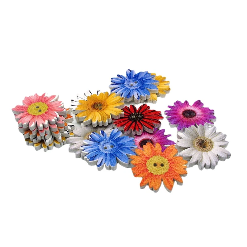50PCs Wholesale Natural Wooden Buttons Chrysanthemum Shape Mixed Scrapbooking Sewing Accessories DIY Craft 2 Holes 25mm Dia.