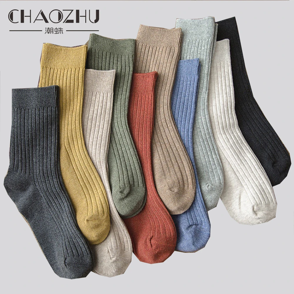 CHAOZHU 10 Pairs/bag 4 Seasons Daily Basic Cotton Blends Women Socks 10 Colors Mixed Rib Stretch Classic Girls Spring Autumn