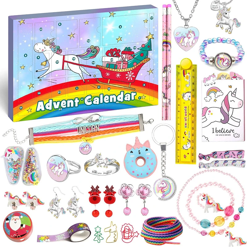 Unicorn Advent Calendar for Girl 2021 Christmas, 24 Days Novelty Gifts, Unicorn Stationery, Accessories, Jewelry, Countdown Days