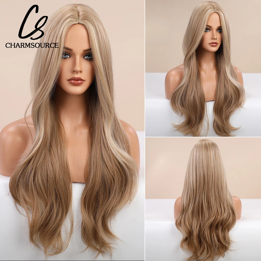 Long Body Wave Wigs Ombre Black Brown Synthetic Wigs for Women Afro American Middle Part Cosplay Party  Daily Use Heat Resistant
