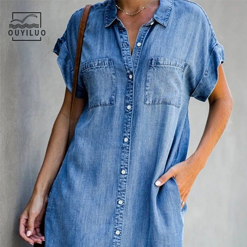 Ladies Short Sleeve Pockets Cardigan Single Breasted Denim Dress Women Summer Loose Knee Length Party Beach Sexy Dresses 107