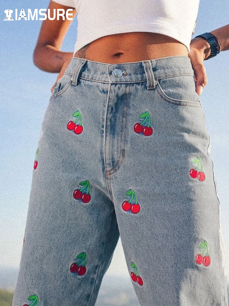 IAMSURE Cherry Embroidery Jeans Pants for Women Harajuku Low Waisted Female Pencil Pants Streetwear Fashion Denim Trousers Kpop