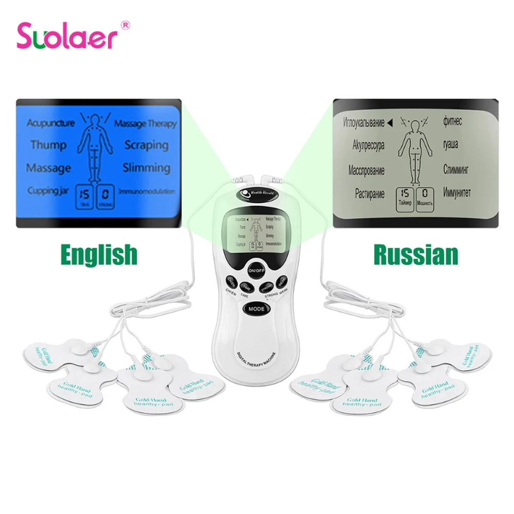 Russian Tens Machine Dual Output 8 Electrode Pads for Pain Relief Pulse Massage EMS Muscle Stimulation Tens Electroestimulador