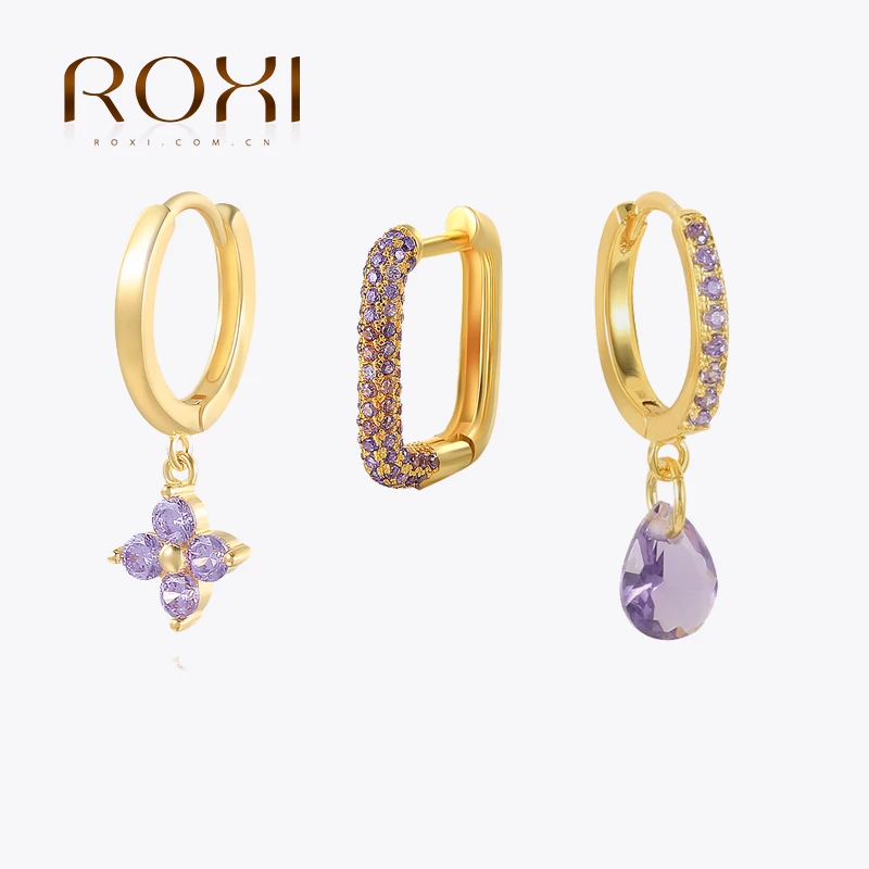ROXI Purple Zircon Crystals Stud Earrings for Women Girl Summer Silver 925 Jewelry Earrings 2021 Trendy Geometry Earrings Huggie