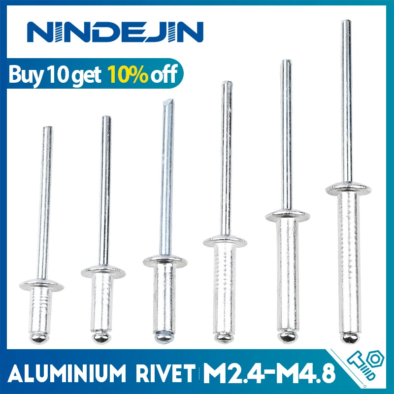 NINDEJIN 100/50/30pcs Pop Rivets Aluminium M3.2 M4 M4.8 Dome Head Blind Rivets Steel Shank Mandrel Exhaust Rivets