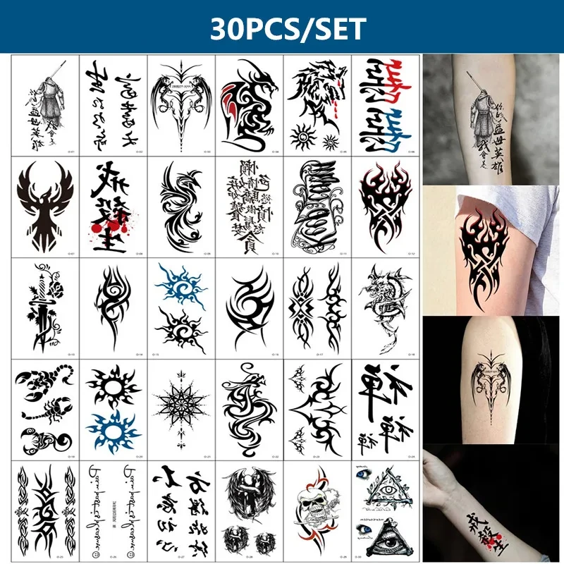 30pcs/set Tatuajes Temporales Dragon Skull Totem Word Henna Fake Tatoo Waterproof Sexy Temporary Tattoos for Men Hands Arm Body