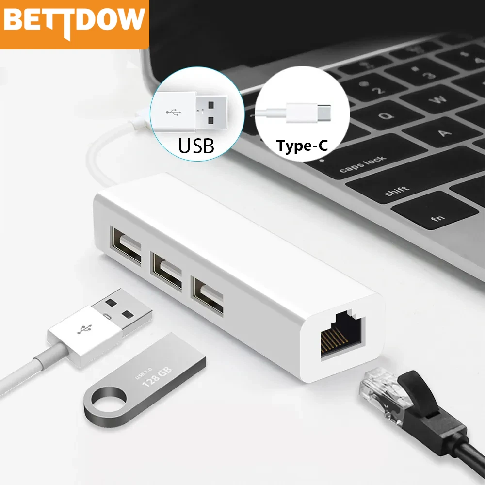 USB Ethernet with 3 Port USB HUB 2.0 RJ45 Lan Network Card USB to Ethernet Adapter for Mac iOS Android PC  RTL8152 USB 2.0 HUB