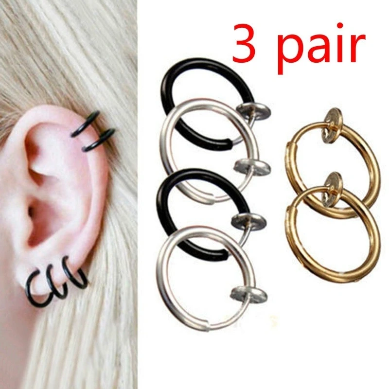 Celeb 3 pair  Fake Nose Lips Ring Spring Clip Hoop Earring Unisex Piercing Septum