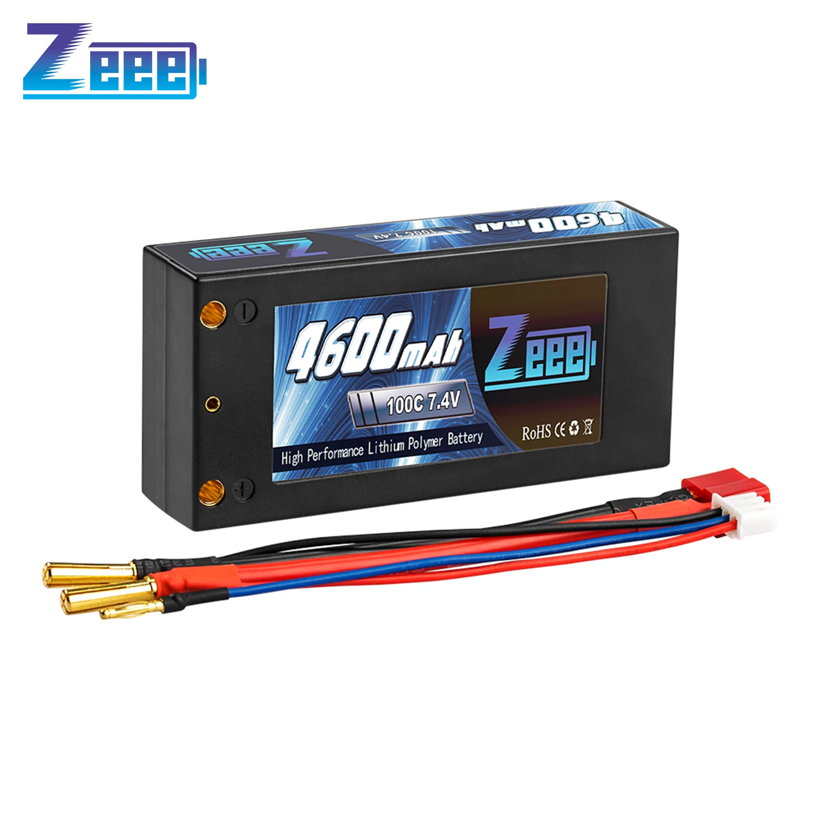 Zeee 2S Shorty Lipo 7.4V 4600mAh 100C Battery RC Lipo Battery with 4mm Bullet Deans Ultra Plug Connector for Car Truck Boat