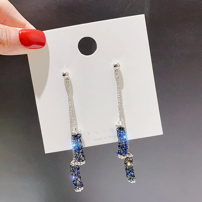Korean fashion high-end creative blue crystal tassels earrings temperament long geometric pendant earrings