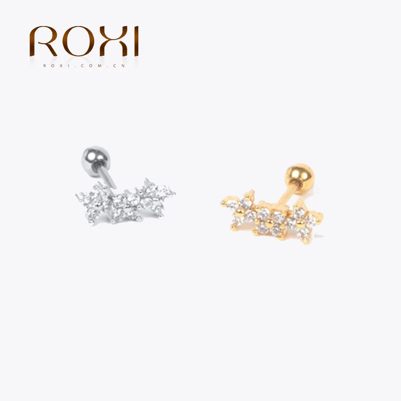 ROXI Mini Sun Moon Leaf Snowflake Crown Square Stud Earrings for Women Piercing Earrings 925 Sterling Silver Jewelry Pendientes