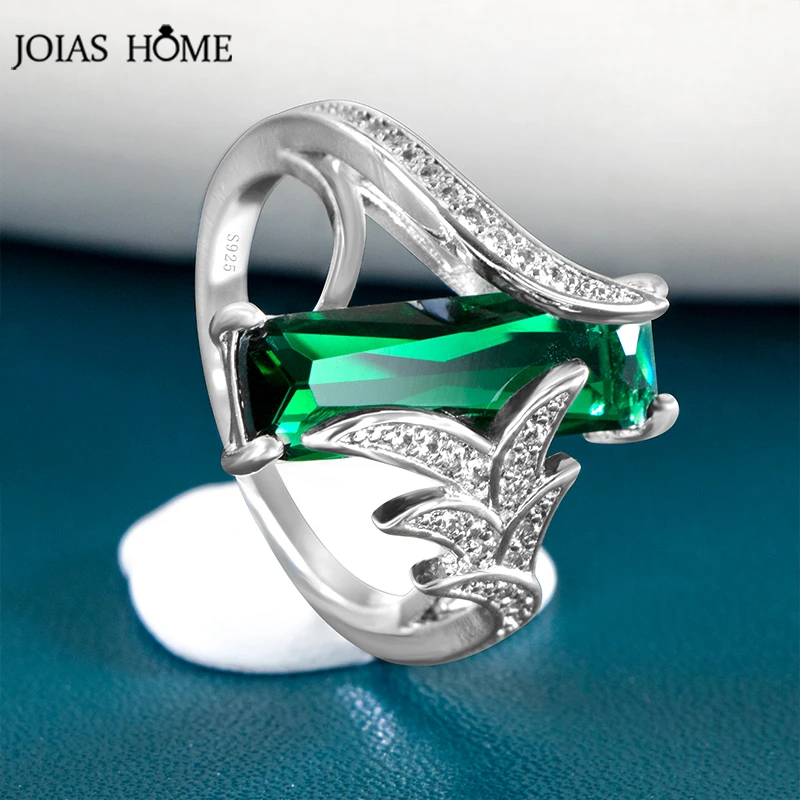 JoiasHome Classic Silver 925 Rings With 6*18mm Rectangle Shape Emerald Gemstone Ring For Women Wedding Party Gift Size 6-10