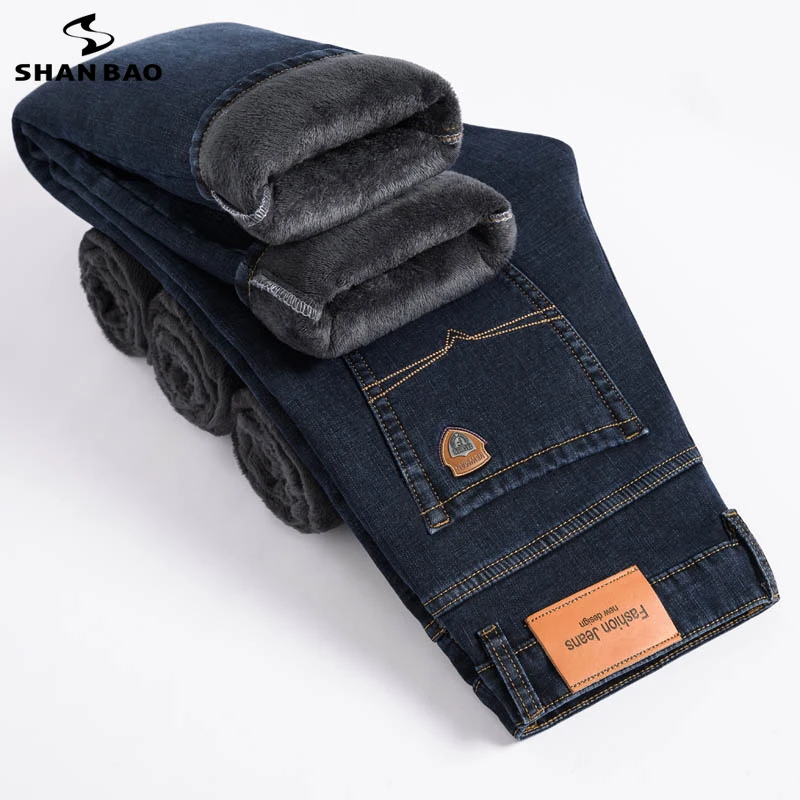 SHAN BAO 2021 Winter Brand Fit Straight Fleece Thick Warm Jeans Classic Badge Youth Men's Business Casual High waist Denim Jeans