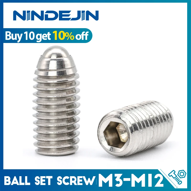 NINDEJIN 2/4/10/15/20pcs Hex Hexagon Socket Ball Domed Point Set Screws Metric Spring Plunger Screw Stainless Steel M3-M12