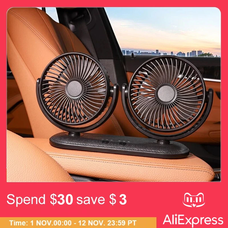 12/24V Portable Mini Car Fan 360 Degree All-Round Adjustable Auto Air Cooling Dual Head Usb Fans Quiet Small Desktop Fan