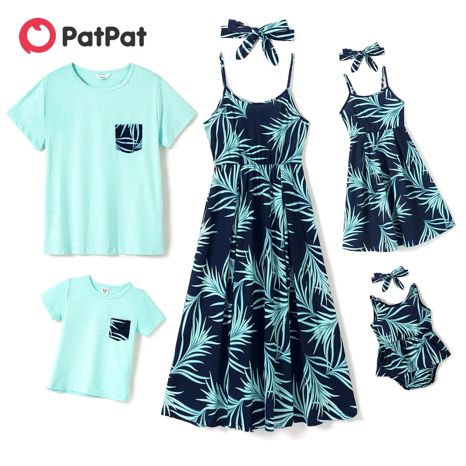 PatPat 2021 New Arrival Summer Mosaic Family Matching Palm Leaf Tank Dresses - Solid T-shirts - Rompers Family Look Short Sets