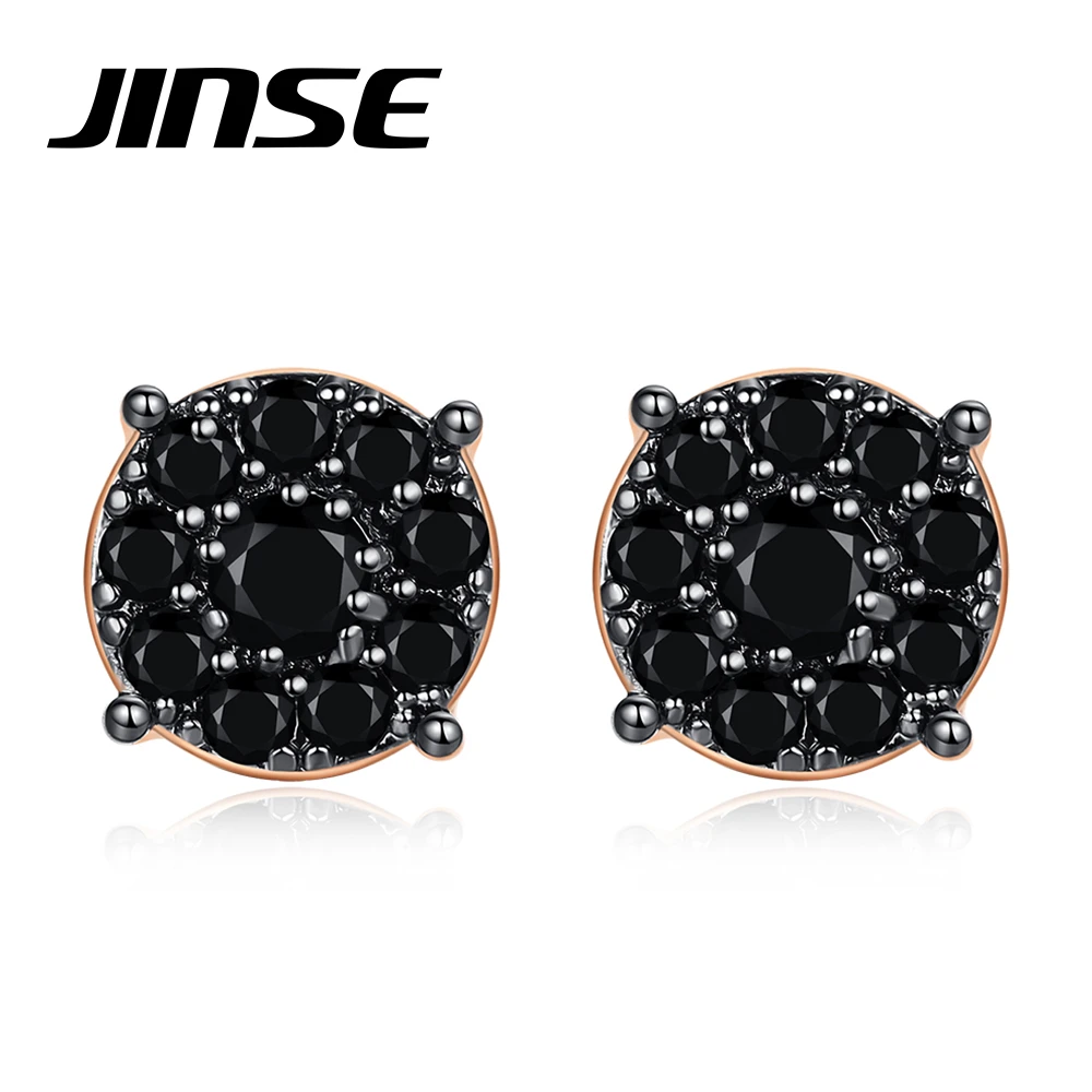 JINSE 10MM Round Black White Zirconia Stud Earrings For Men Gold Color Micro Inlay Crystal Iced Earring Fashion Hip Hop Jewelry
