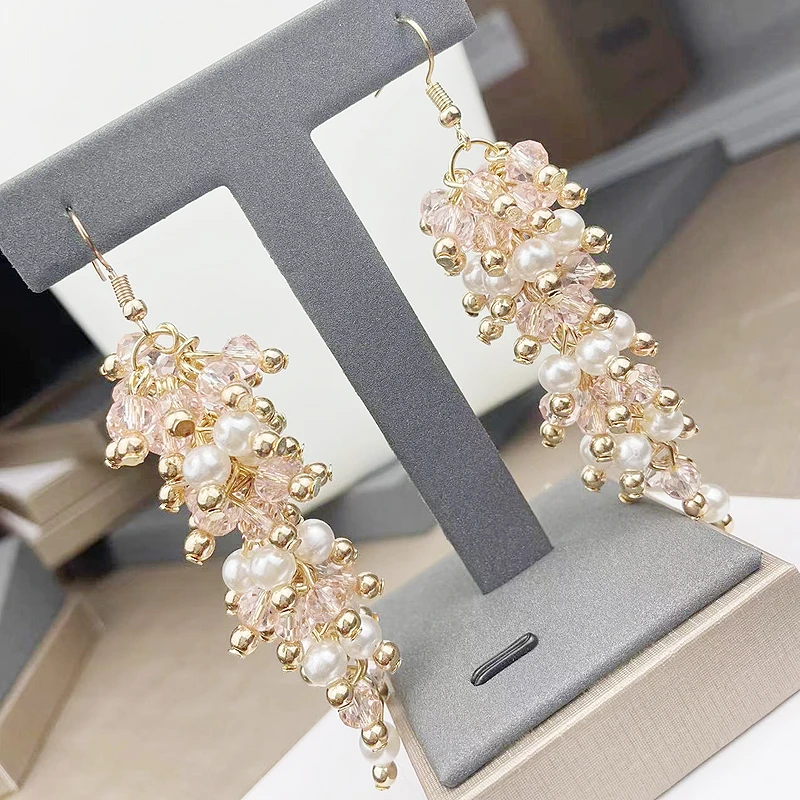 2020 new type trendy women /girls pearl earring & gold-color pink crystal white pearl long dangle drop earrings fine quality