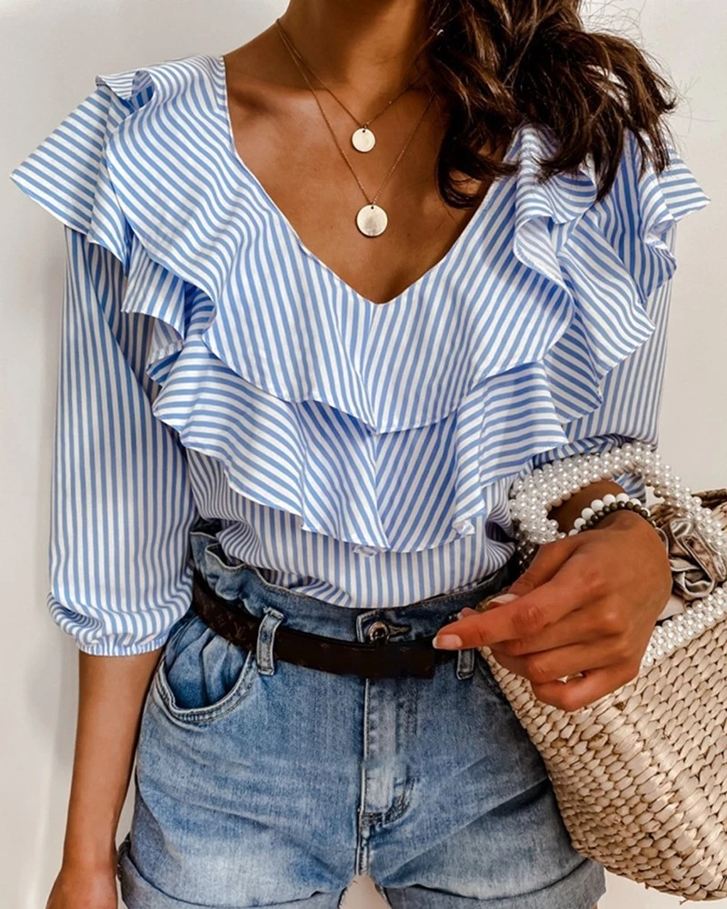 Women's Blouse Striped Plaid One Shoulder Ruffle OL Long Sleeve Summer Shirts Loose Casual Tops