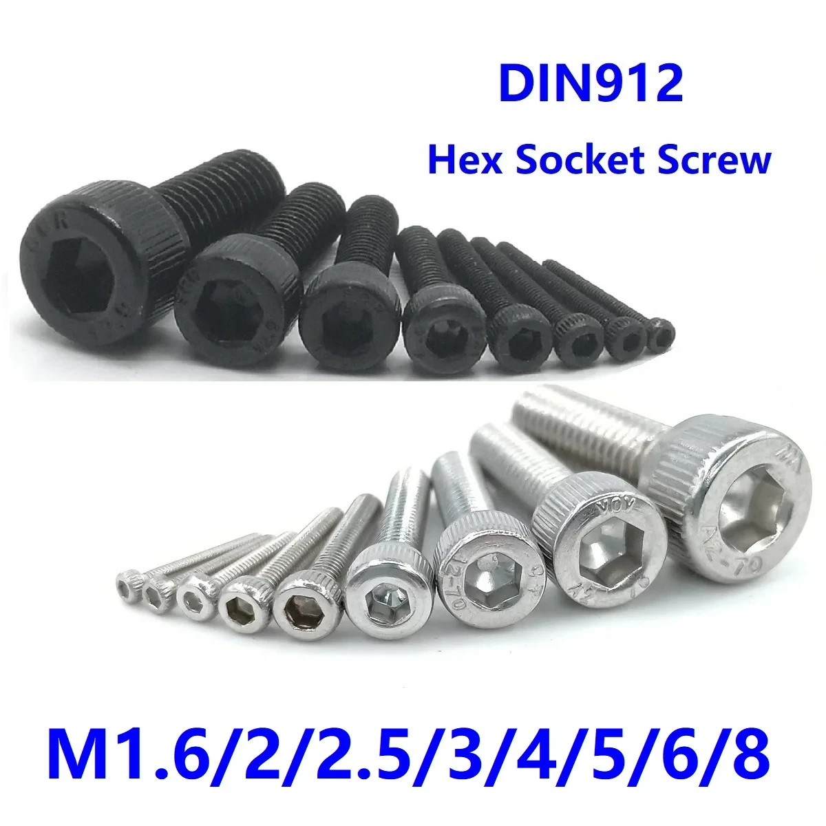 5-50Pcs M1.6 M2 M2.5 M3 M4 M5 M6 M8 *L DIN912 Stainless Steel Hex allen Socket Cap Head Screw or Black grade 12.9 Metric Screws