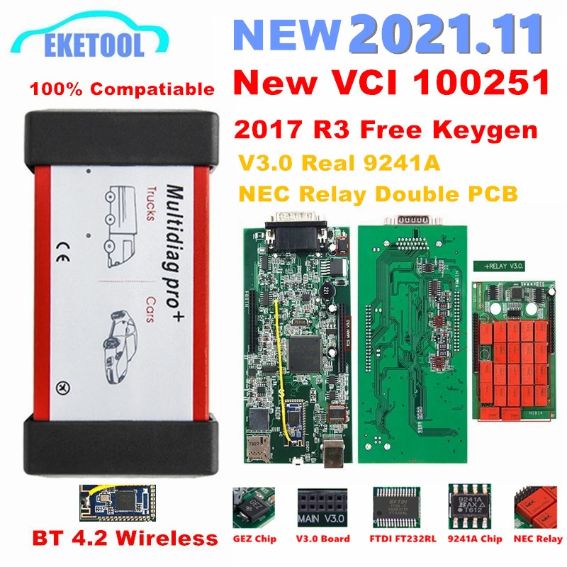 Multidiag Pro TCS 2017.3 Bluetooth Double PCB Green V3.0 Board NEC Relay Real 9241A Chip FTDI For Car/Truck OBD2 Diagnostic Tool