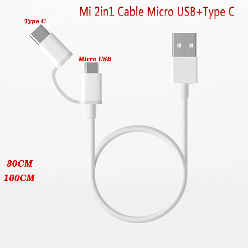 Original Xiaomi Mi Fast Charger Cable 2in1 Micro USB + USB Type-C Quick Charge Cable For Redmi 8T 8A Note 7 8 Pro Mi 10 9 Pro A3