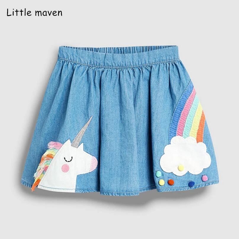 Little Maven Summer Baby Girl Clothes Denim Color Cotton Mini Unicorn Denim Color Lolita School Cute Skirts for Kids 2-7 Years