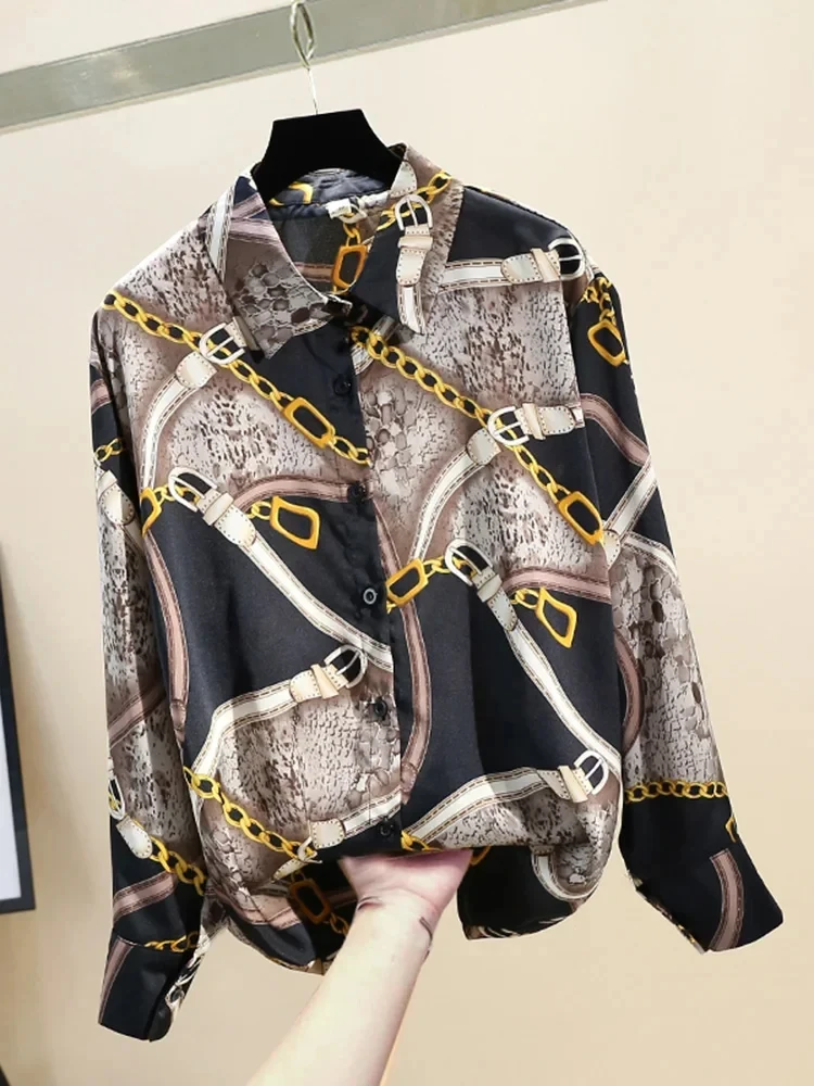 Spring Autumn Women's Shirt New Korean Retro Loose Contrast Color Leopard Chiffon Blouse Commuter Long Sleeve Tops GD271