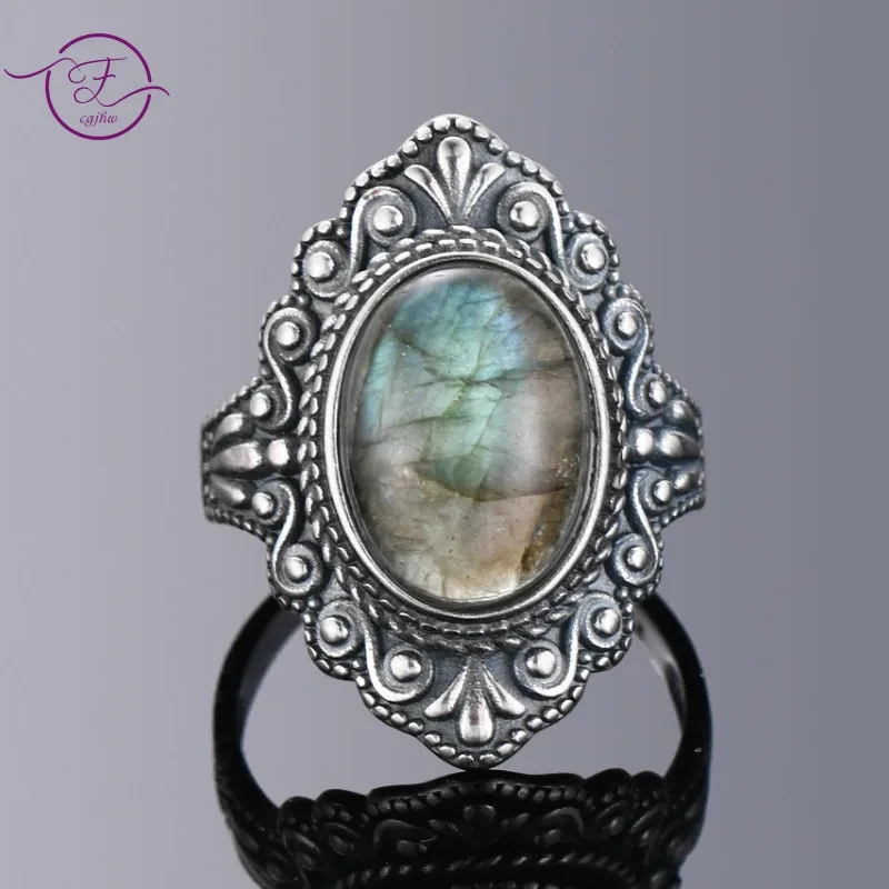 Vintage Oval Natural Labradorite Rings For Women 925 Sterling Silver Ring Jewelry Finger Ring Gemstone Rings Party Gift