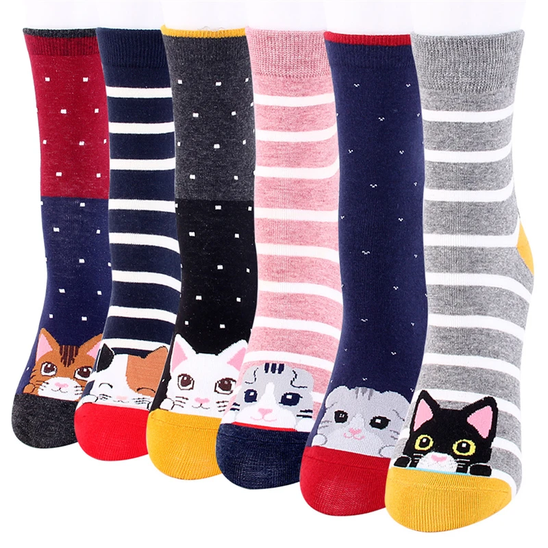 5 Pairs Women's Cartoon Socks Colorful Cat Striped Cotton Sock Ladies And Woman's Classic Warm Tide Cute Pop Korean Socks Female