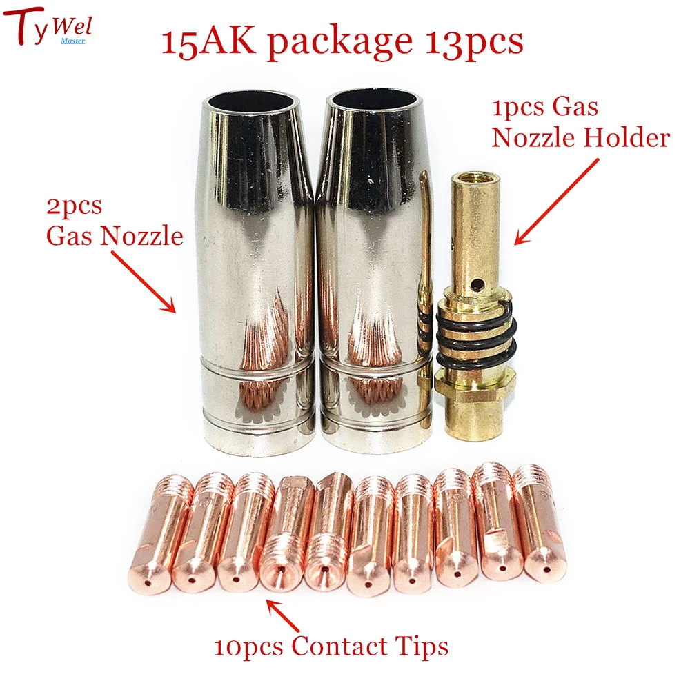 13pcs 14AK Welding Torch Consumables 0.6mm 0.8mm 0.9mm 1.0mm 1.2mm MIG Torch Gas Nozzle Tip Holder of 15AK MIG MAG Welding Torch