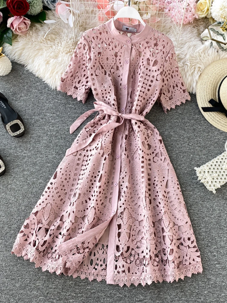 Women Elegant Hollow Out Lace Dress Office Lady Summer Solid O-Neck Button up Sashes Midi Dress Female Chic Short Sleeve Dress