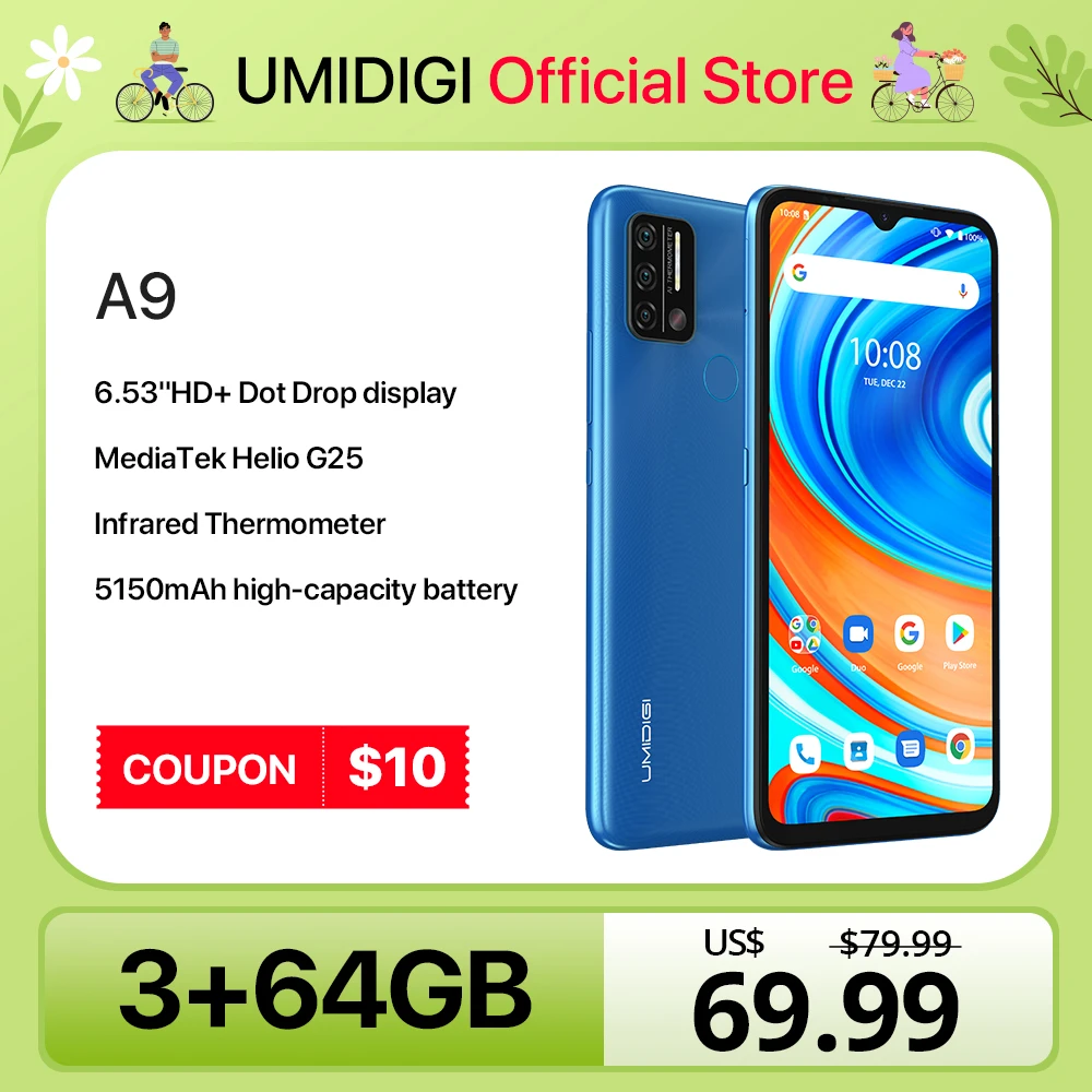 In Stock UMIDIGI A9 Smart Phone Android 11 Global Version 13MP AI Triple Camera Helio G25 Octa Core 6.53