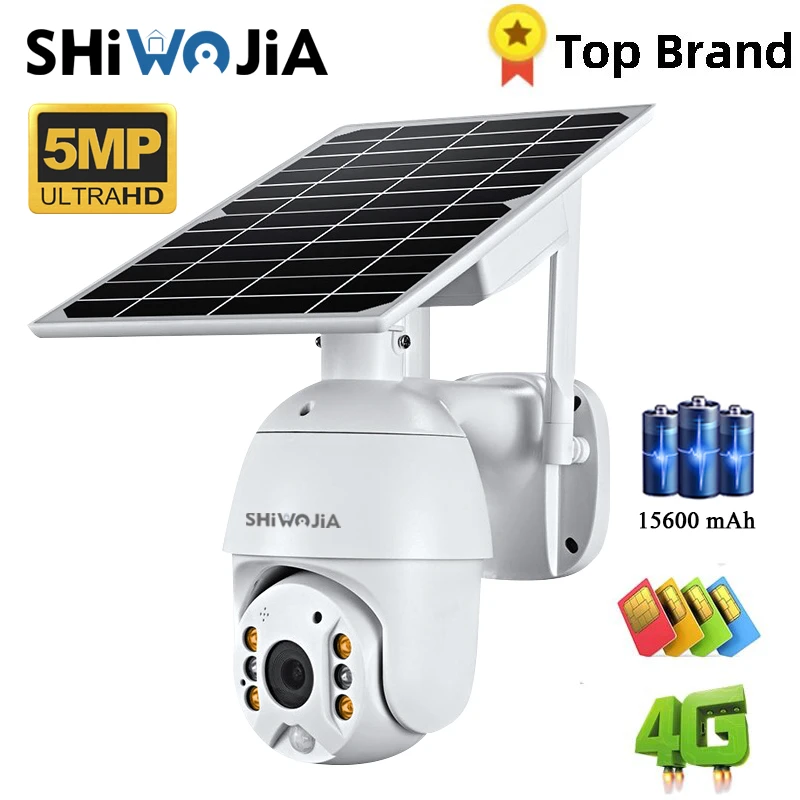 SHIWOJIA Camera 4G SIM Card 1080P HD Solar Panel Outdoor Monitoring CCTV Camera Smart Home Two-way Intrusion Alarm Long Standby