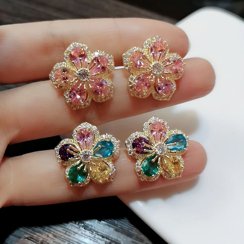 Colorful Bling Zircon Stone Flower Gold Stud Earrings for Women Korean Earrings Fashion Jewelry 2019 New Hot Sale