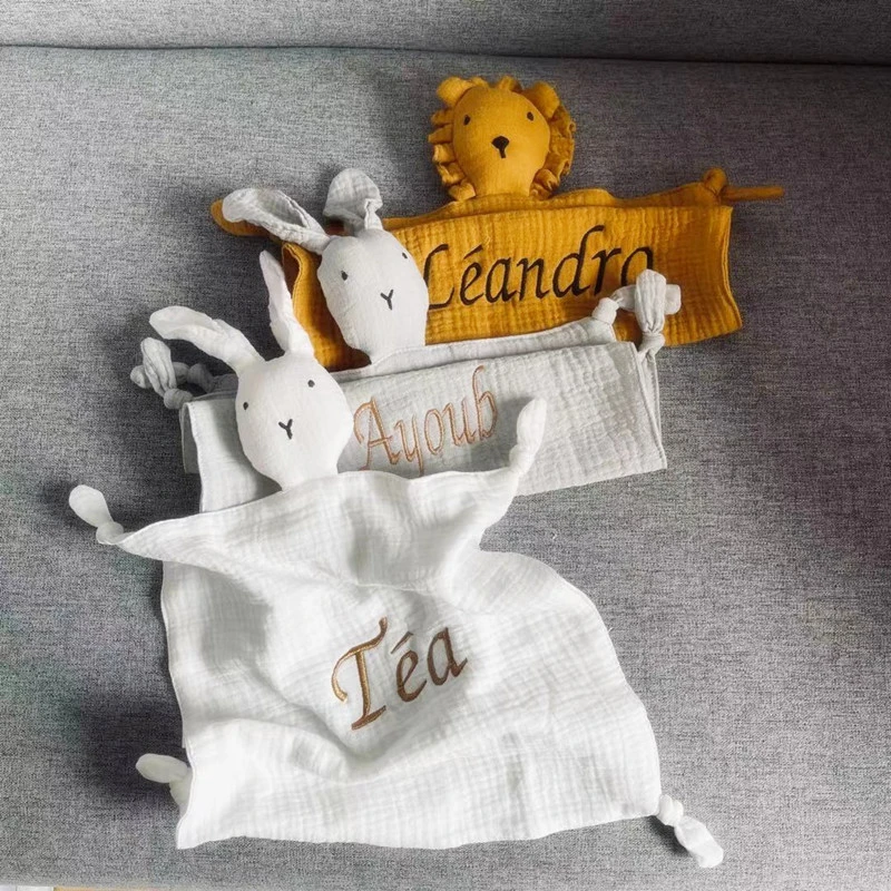 Name Embroided Kids Sleep Toy Soothe Appease Towel Bibs Custom Newborn Sleeping Dolls Baby Cotton Muslin Comforter Blanket