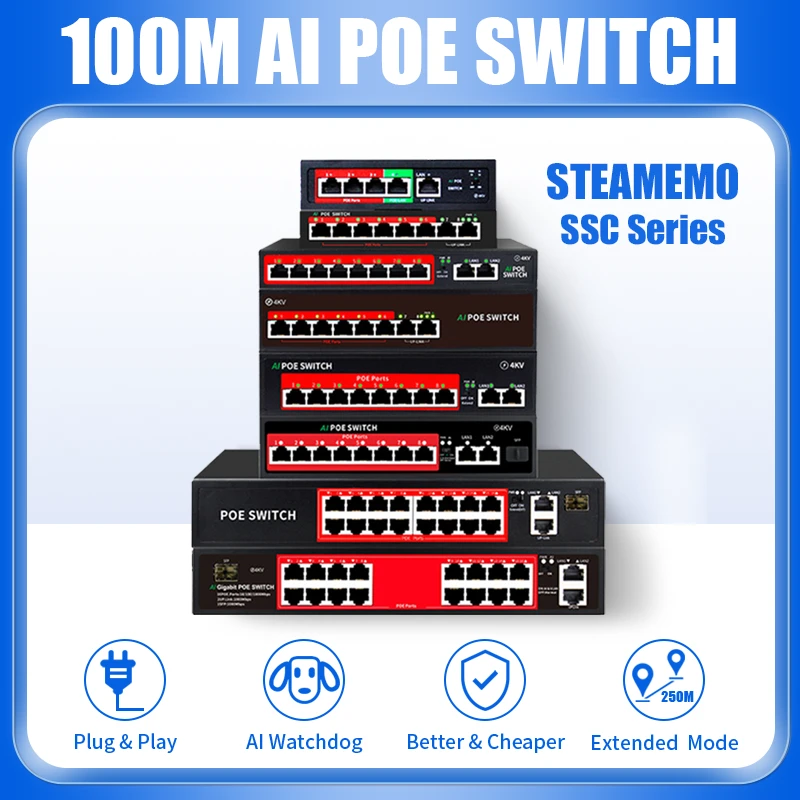 STEAMEMO POE Switch With Standard POE Port IEEE 802.3 af/at 4/8/16 Ports Network Switch Ethernet With 10/100Mbps for POE Cameras